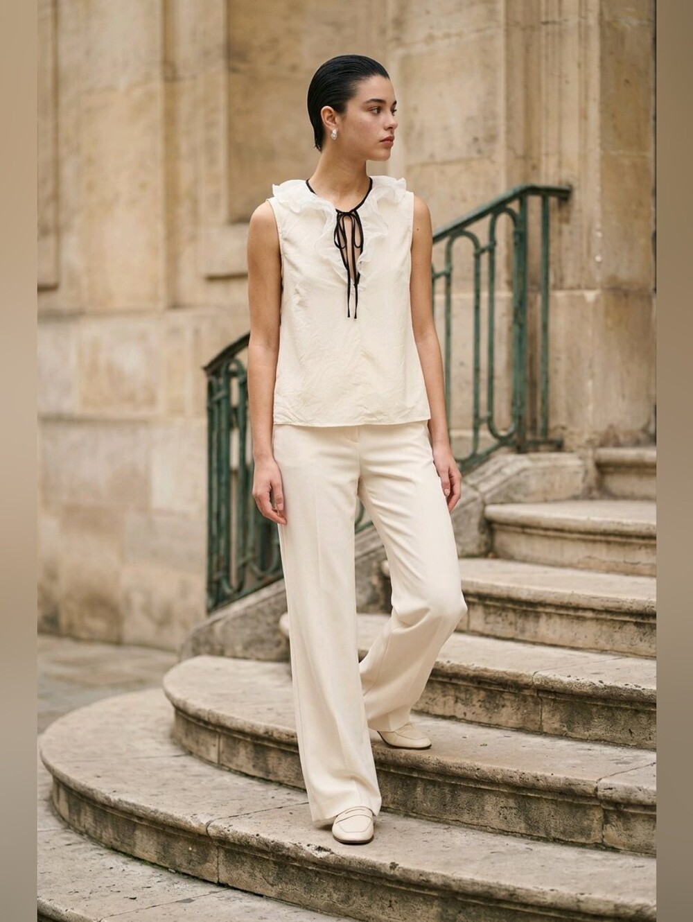 RED Valentino Sleeveless Ruffled V-Neck, Cream, EUR 40